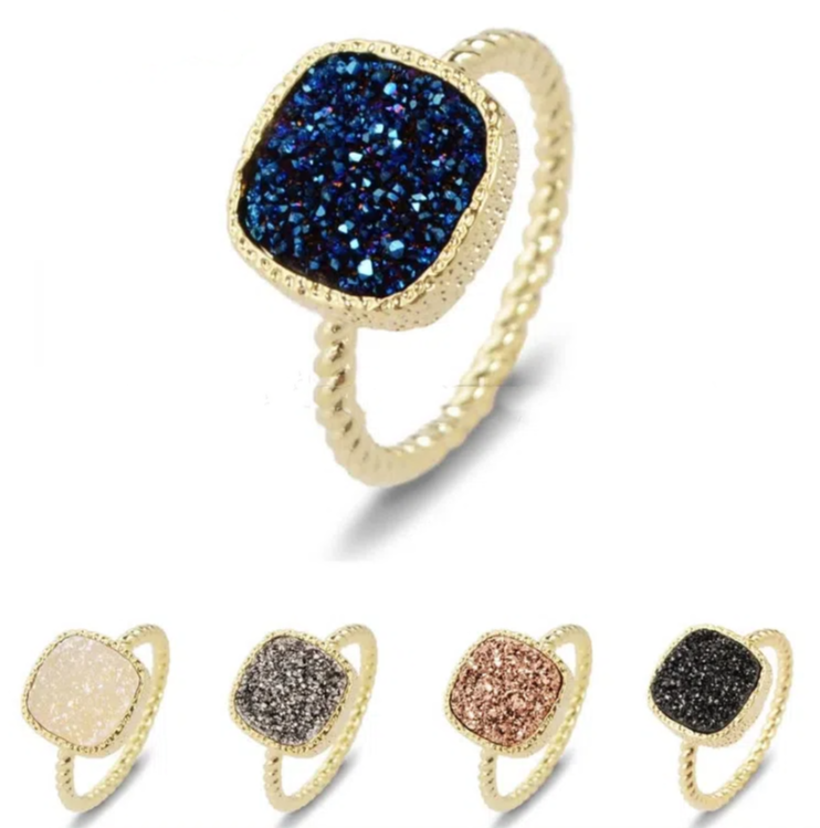 Gold Color 10mm Stone Size Square Natural Agates Druzy Titanium Rings Jewelry ZG058 ZS058