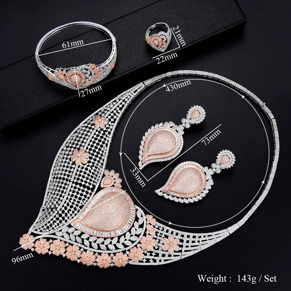Super BIG Luxury 4PCS Leaf Flowers Africa Cubic Zirconia Set Jewelry Set For Women Wedding Cubic Zirconia Dubai Bridal Set