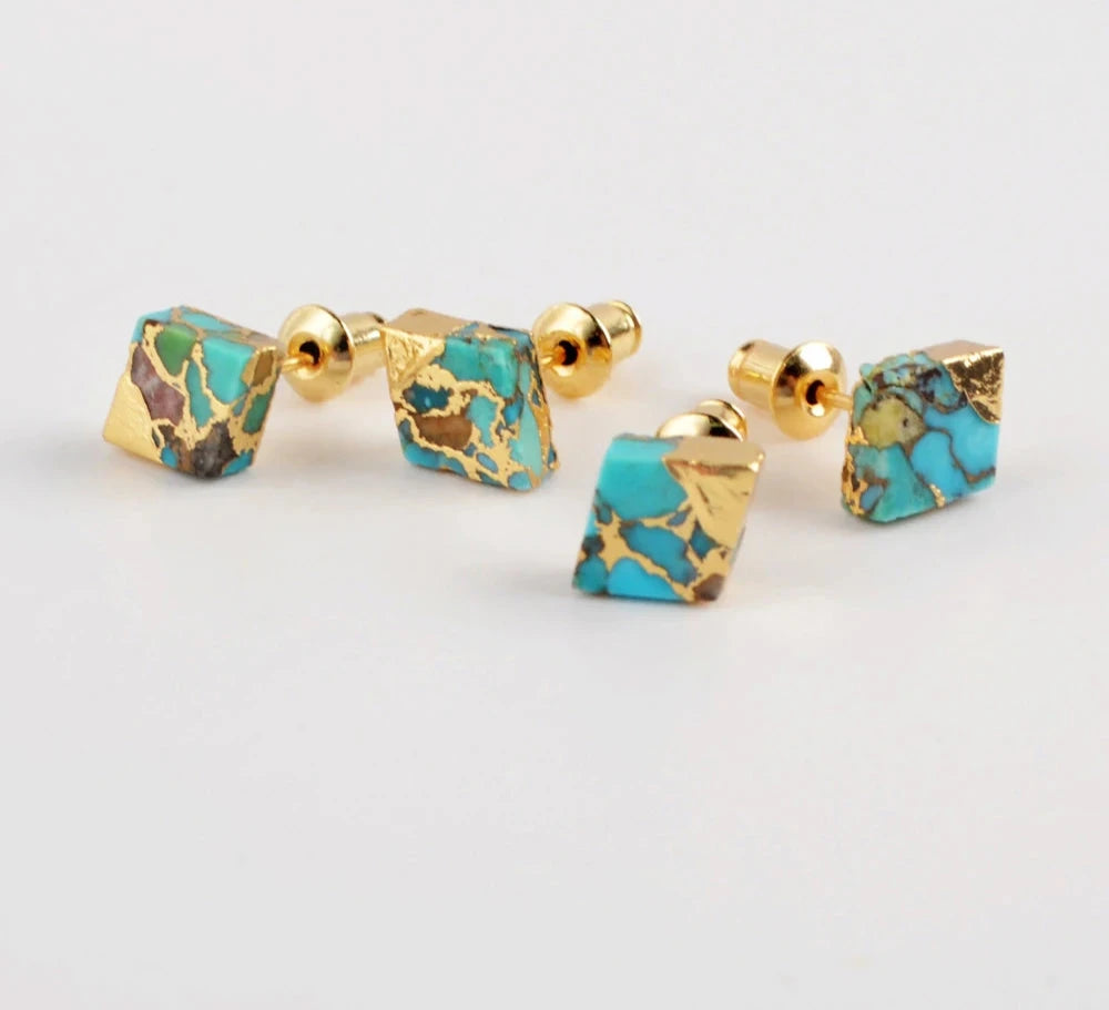 Gold Color Moon Copper Natural Turquoises Studs Earrings Gems Round Earrings for Women 2020 Geometric Earrings G1989