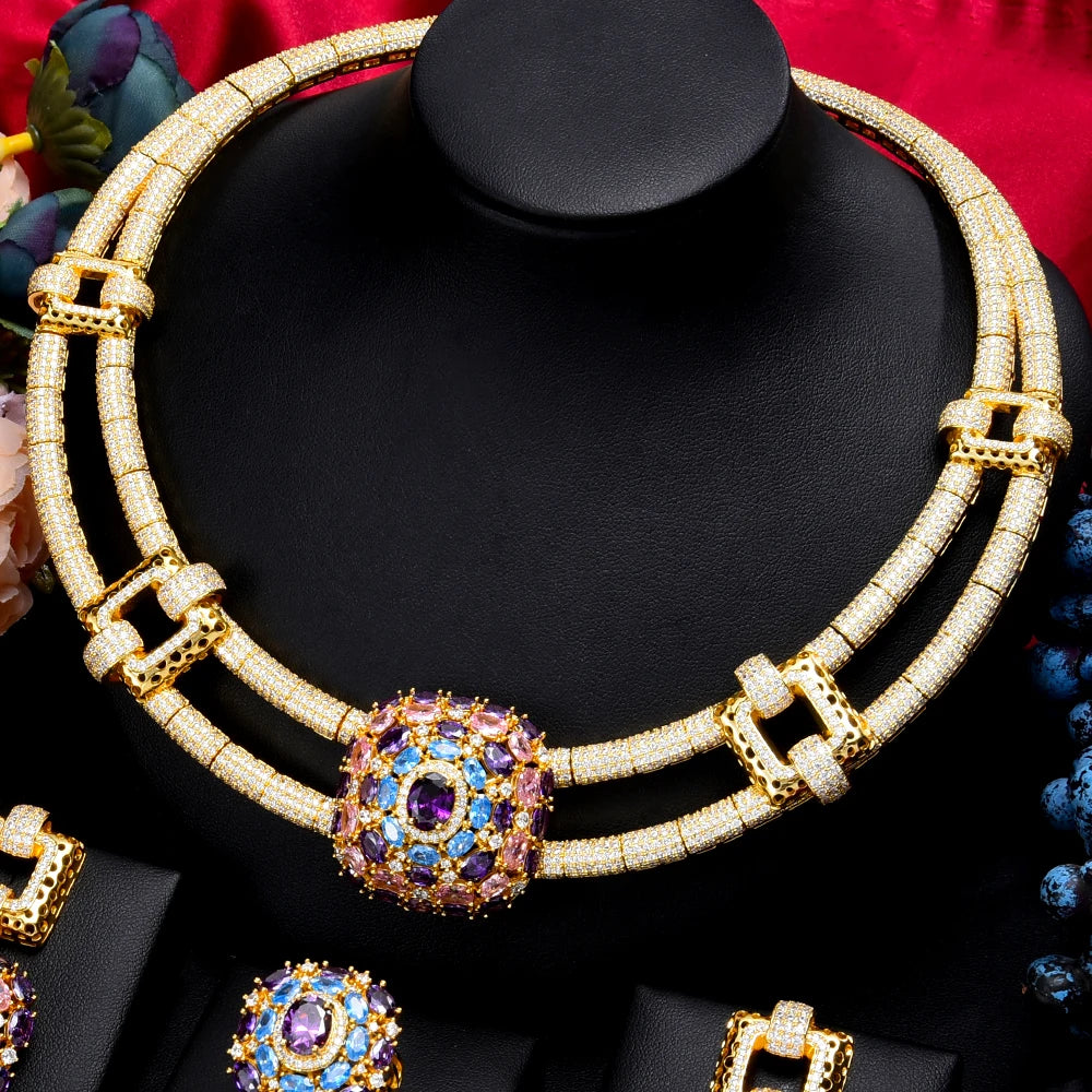 4PCS Nigerian Jewelry Set For Women Wedding Cubic Zircon Dubai Bridal Necklace Earring Bangle Ring Set