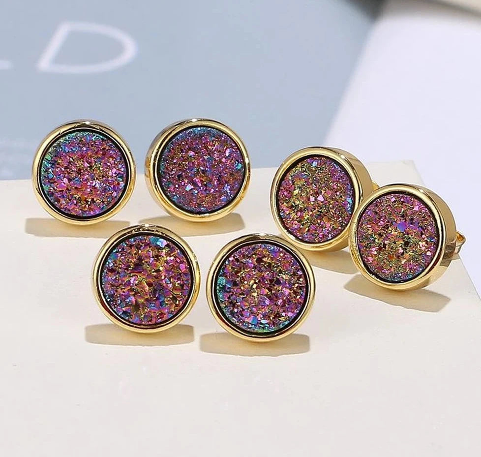 ShinyGem Fashion 10*10mm Round Sparkling Crystal Druzy Stud Earrings Lovely Multicolor Geode Gem Stone Earrings For Women Gifts