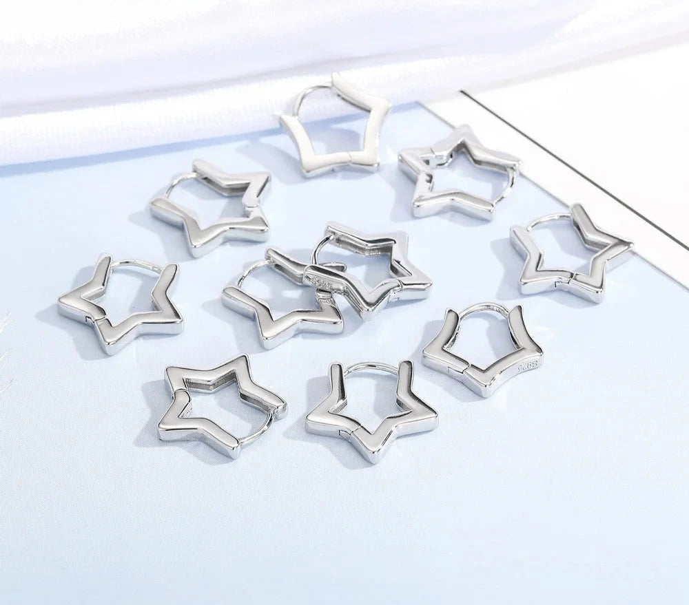 100% Real 925 Sterling Silver Earrings Statement Heart Star Square Round Geometric Hoop Flexible Earwire Leverback Women Jewelry