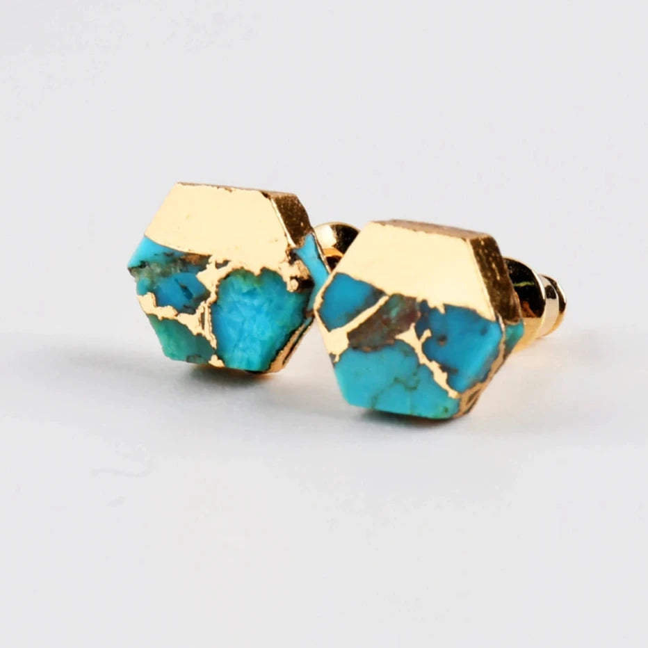 Gold Color Moon Copper Natural Turquoises Studs Earrings Gems Round Earrings for Women 2020 Geometric Earrings G1989