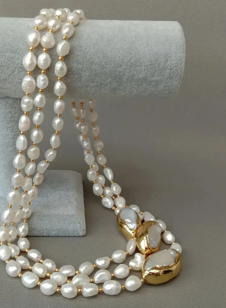 20" 3 rows Cultured Baroque Pearl Necklace Keshi Pearl Gold color Plated Connector chokers luxury wedding for women