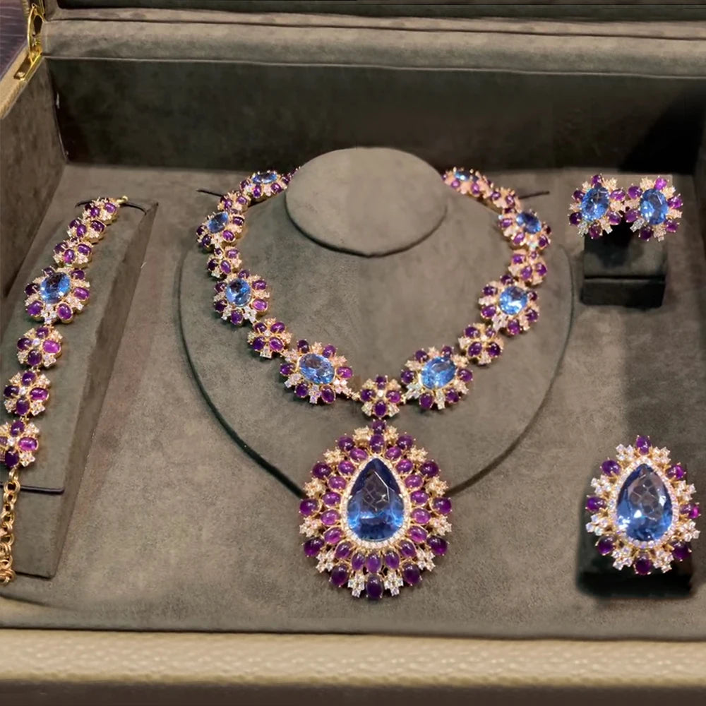 Famous Brand 4PCS Ruby CZ Luxury African Jewelry Set For Women Wedding Party Zircon Crystal Dubai Bridal Jewelry Set Gift