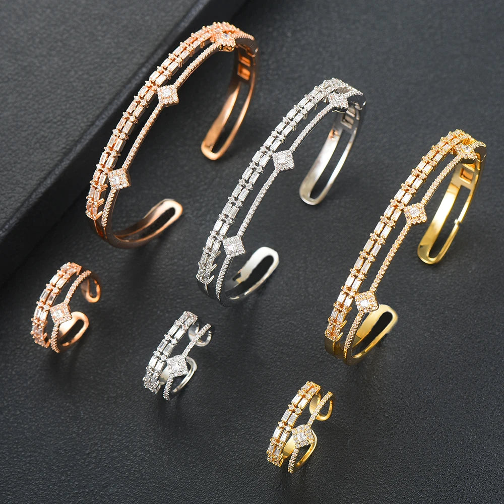 Luxury Stackable Cuff Bangles For Women Wedding Full AAA Cubic Zircon Crystal CZ Dubai Bridal Bracelets Party Jewelry 2022