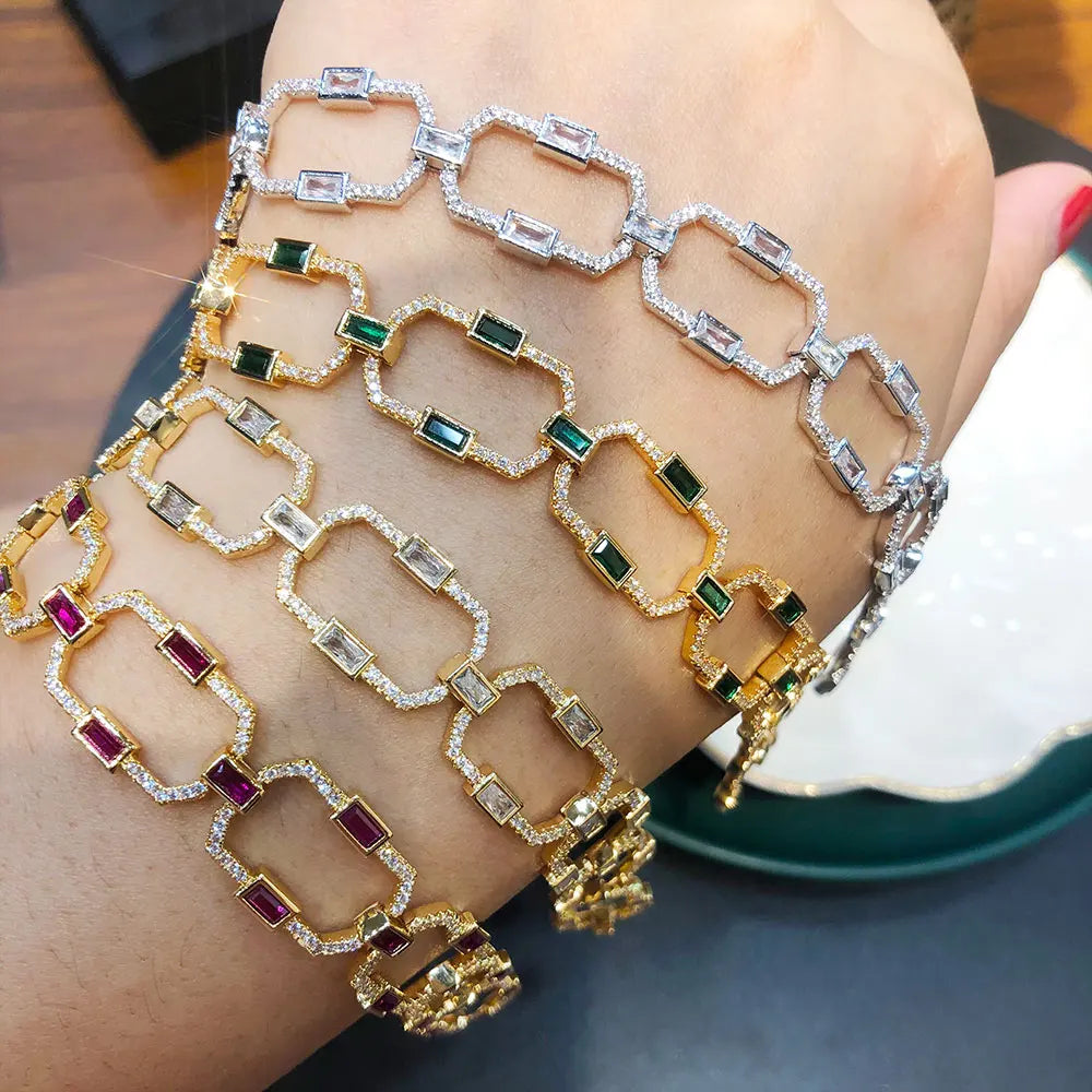 Luxury Square Link Chain Bracelets Bangles Cubic Zircon CZ Vintage Bohemian Cuff Bracelets For Women Femme Fashion Jewelry
