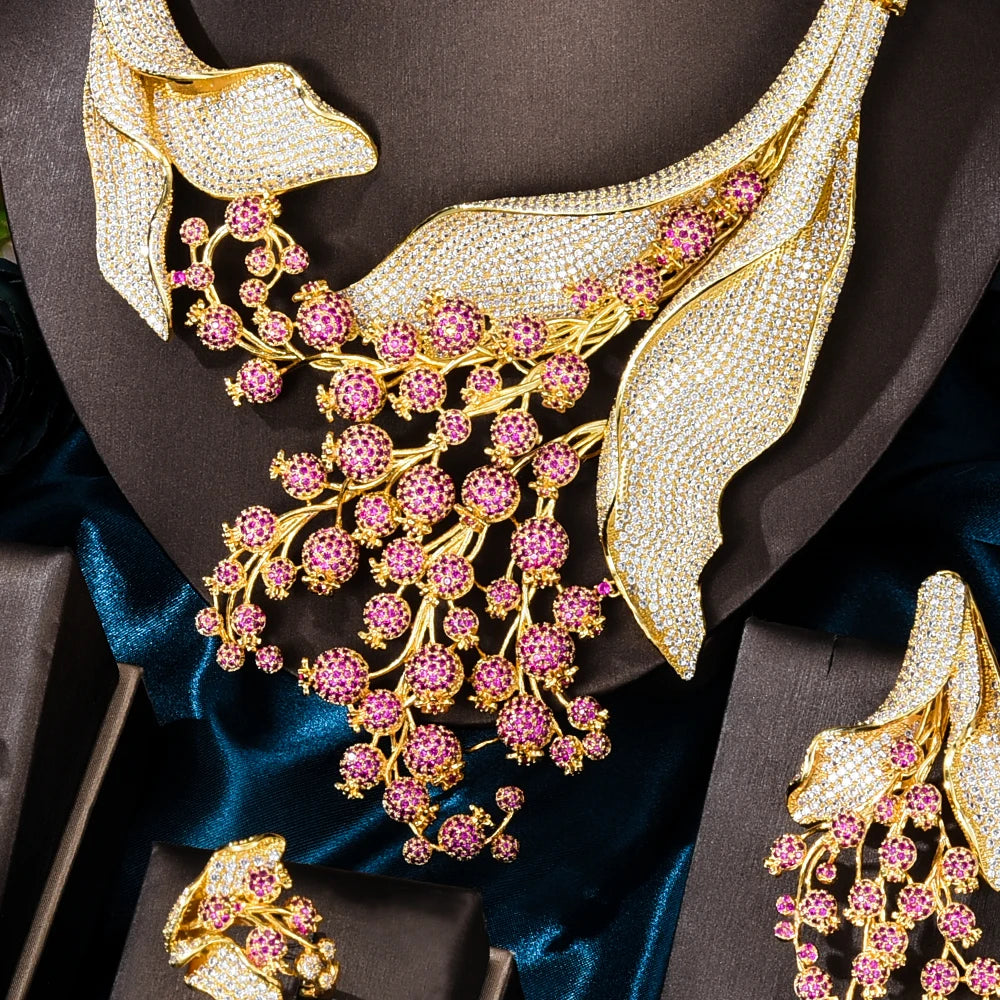 Luxury MAXI SIZE GRAPE 4PCS Nigerian Jewelry Set For Women Wedding Party Zircon Indian African Bridal Jewelry Set