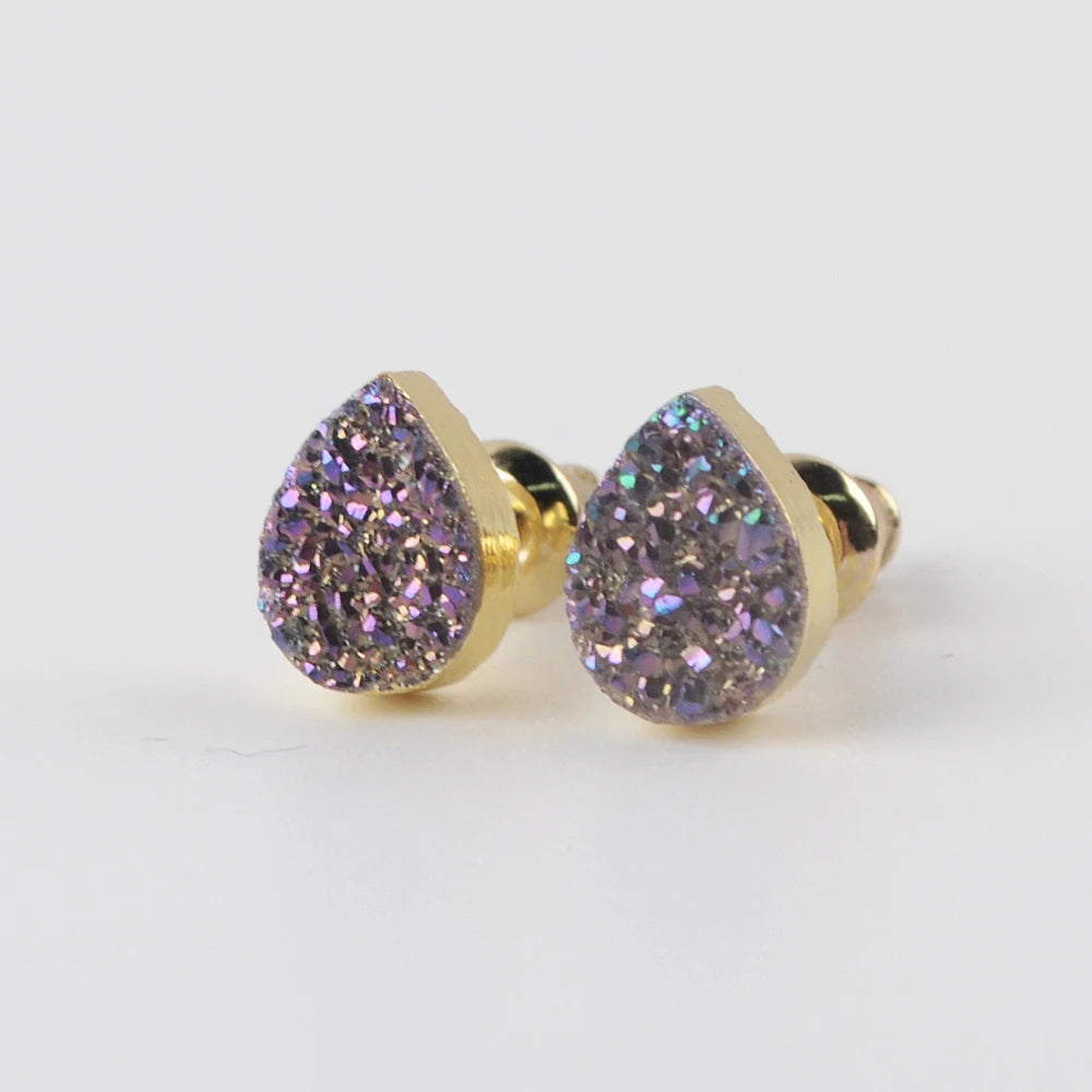 5/10Pairs Teardrop Rainbow Druzy Stud Earring Natural Agates Titanium Golden Crystal Earrings Women Statement Jewelry G1945