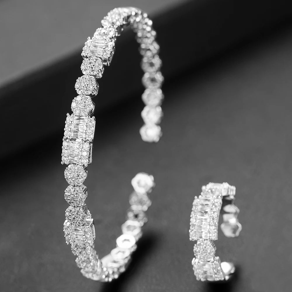 Luxury Stackable Cuff Bangles For Women Wedding Full AAA Cubic Zircon Crystal CZ Dubai Bridal Bracelets Party Jewelry 2022