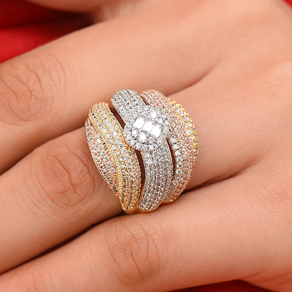 Luxury Corssover Chic Bold Statement Rings with Zirconia Stones 2020 Women Engagement Party Jewelry High Quality