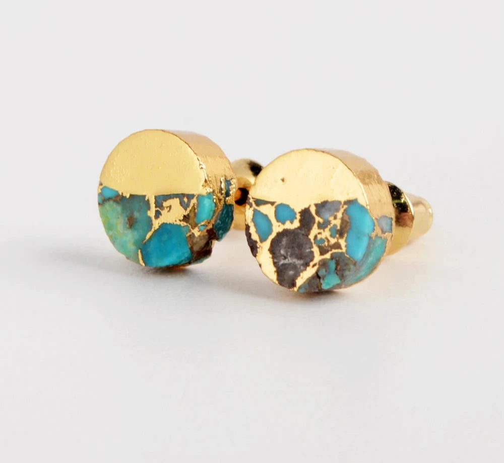 Gold Color Moon Copper Natural Turquoises Studs Earrings Gems Round Earrings for Women 2020 Geometric Earrings G1989