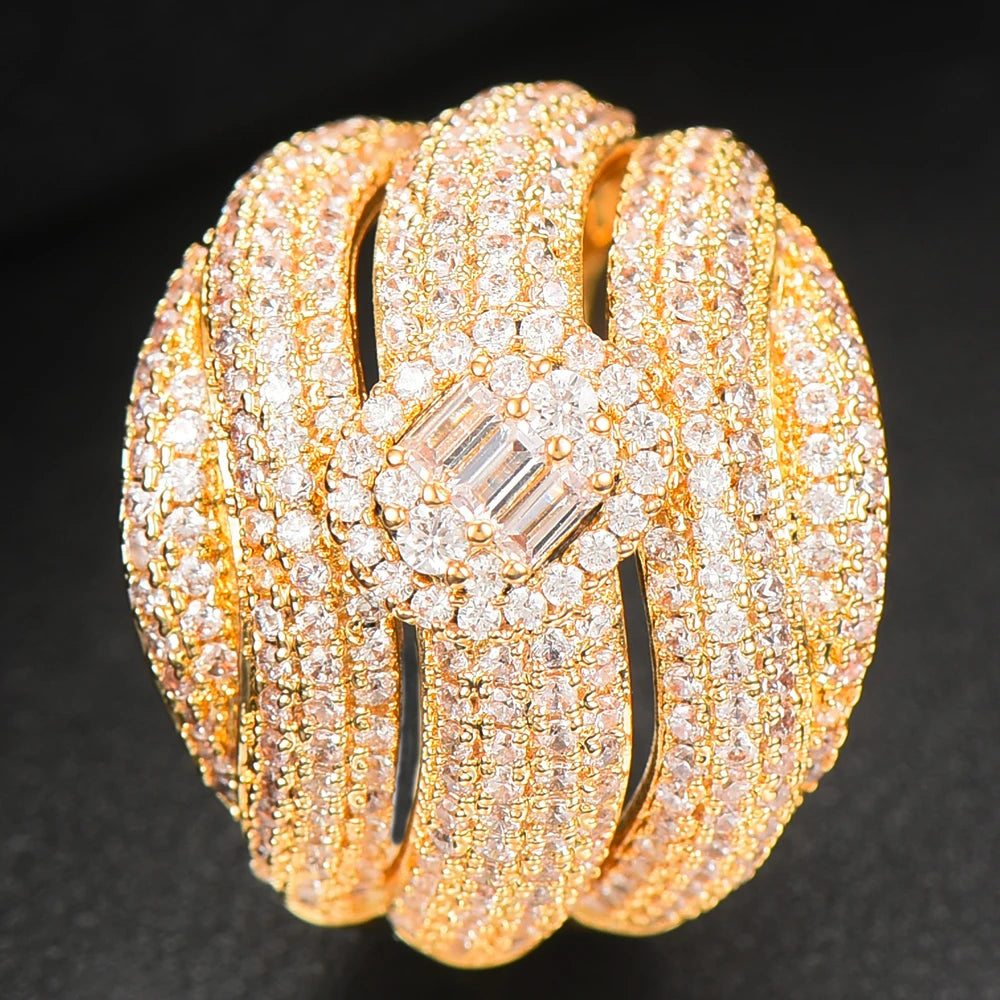 Luxury Corssover Chic Bold Statement Rings with Zirconia Stones 2020 Women Engagement Party Jewelry High Quality