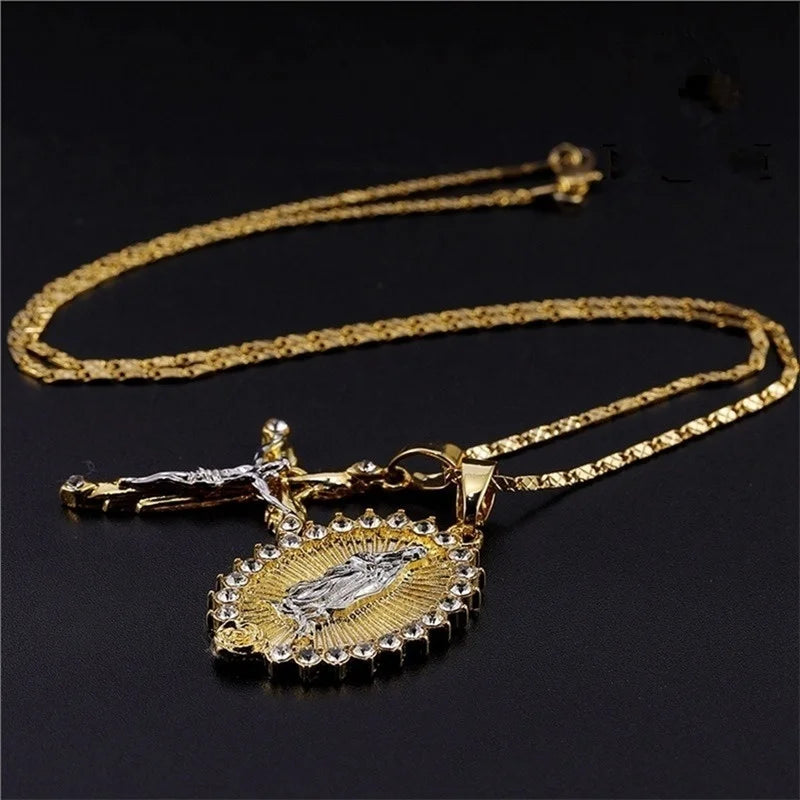 Classic Gold Plated Cross Crucifix Jesus Necklace Virgin Mary Necklace Religious Jewelry for Men Women Necklace Party Gifts