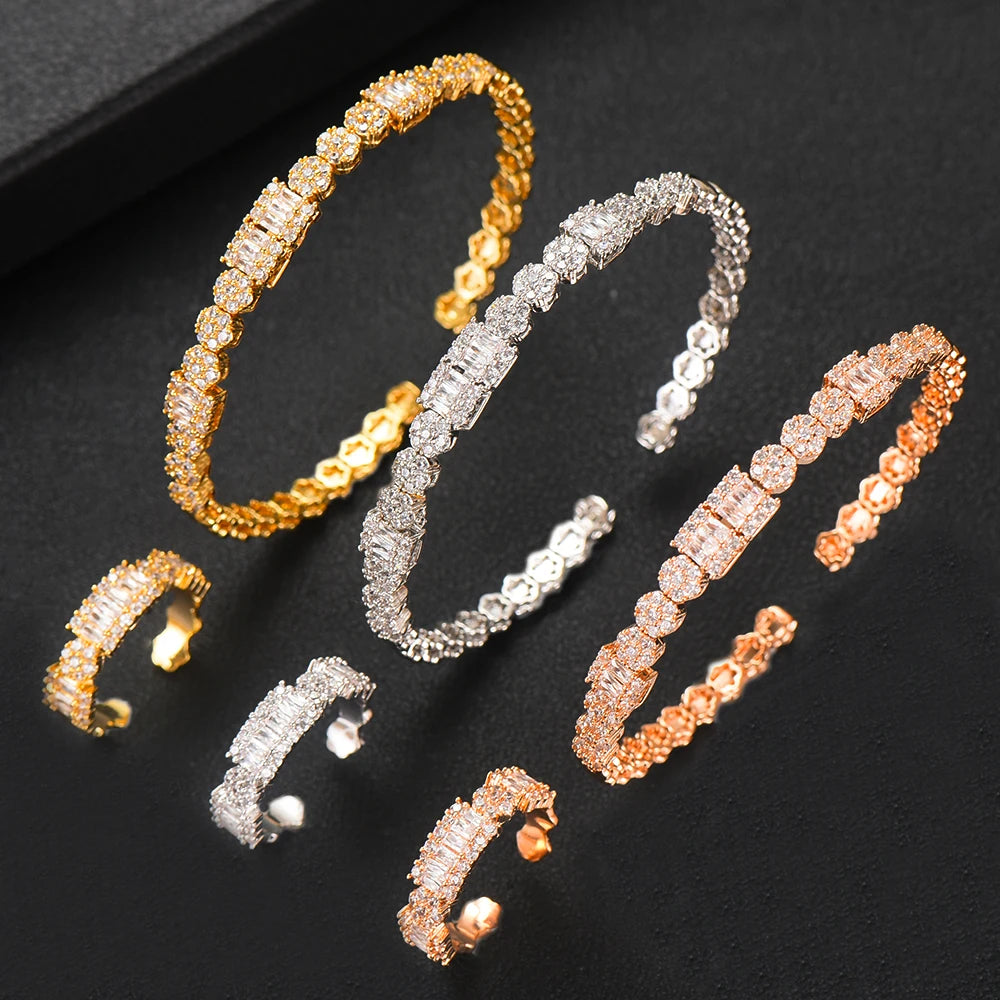Luxury Stackable Cuff Bangles For Women Wedding Full AAA Cubic Zircon Crystal CZ Dubai Bridal Bracelets Party Jewelry 2022