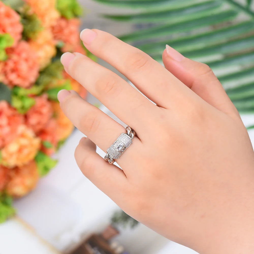 Bold Stackable Ring Luxury Chunky Chain Rings for Women Wedding Cubic Zircon Bridal Engagement Wedding Dubai Finger Rings