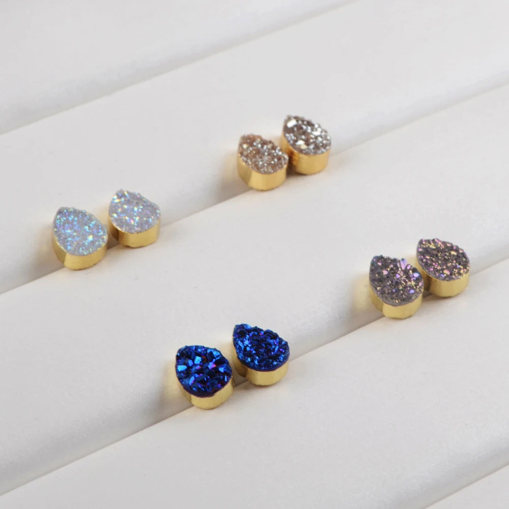 5/10Pairs Teardrop Rainbow Druzy Stud Earring Natural Agates Titanium Golden Crystal Earrings Women Statement Jewelry G1945