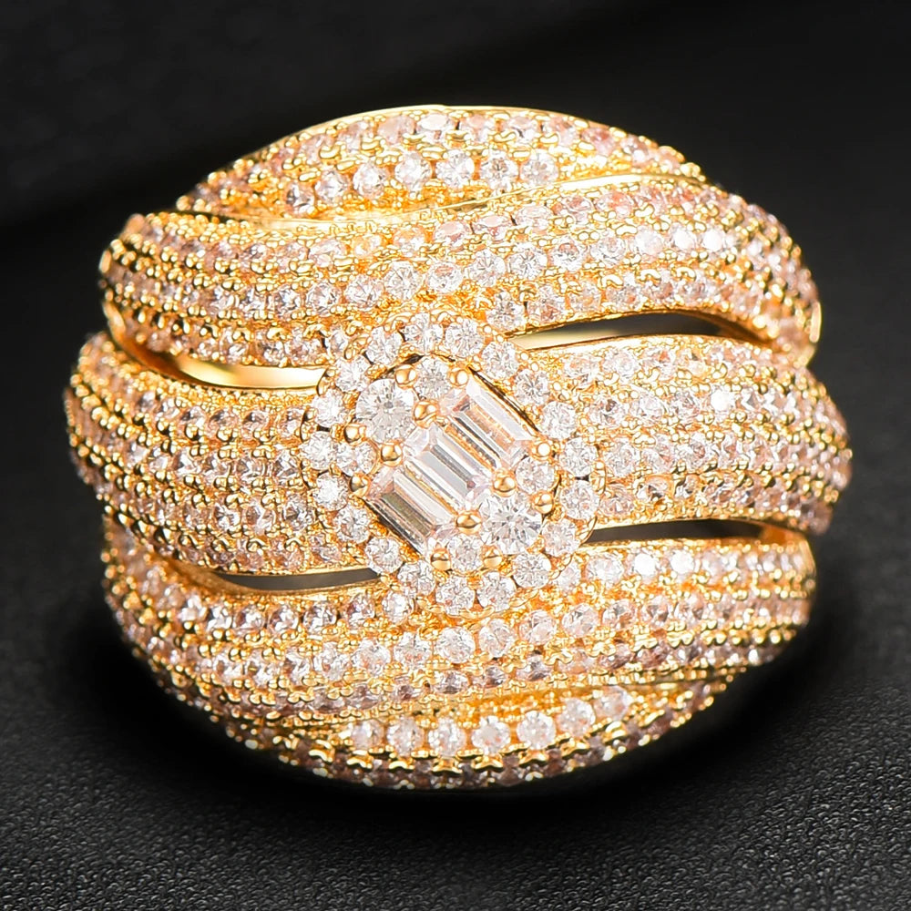 Luxury Corssover Chic Bold Statement Rings with Zirconia Stones 2020 Women Engagement Party Jewelry High Quality