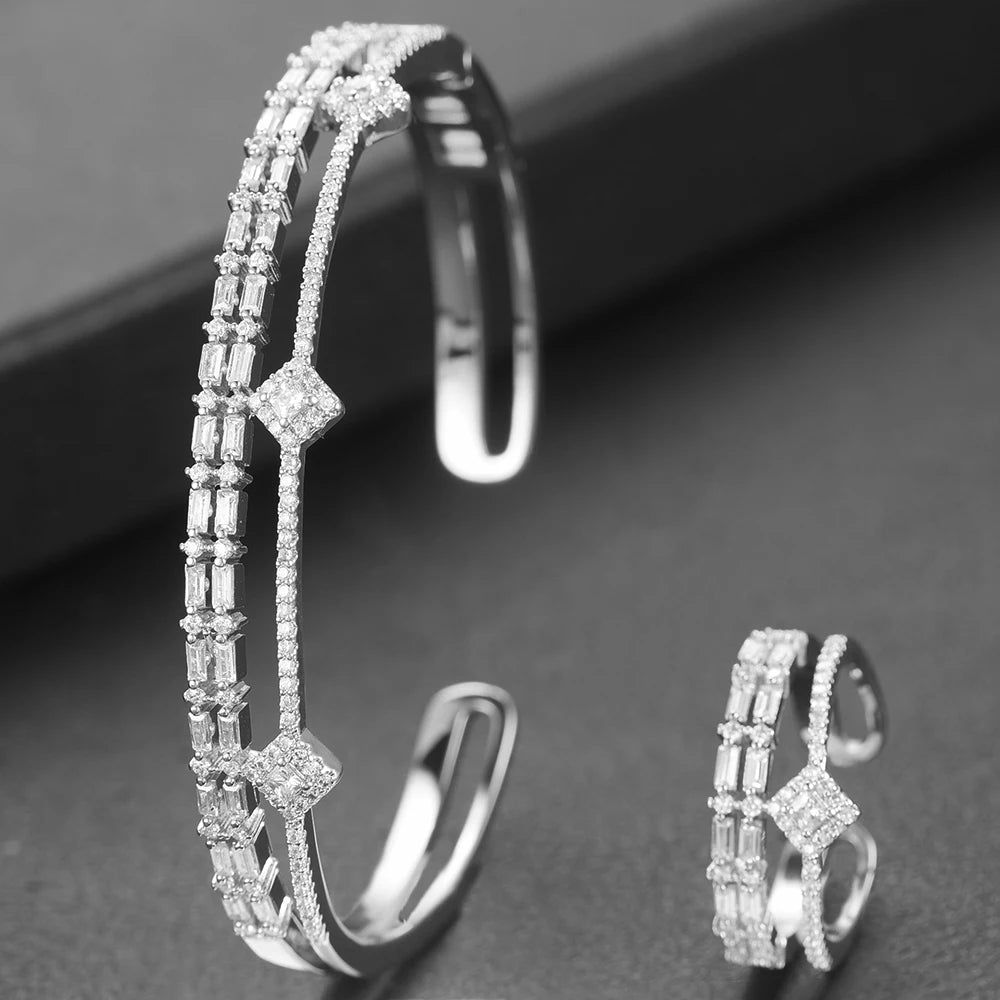 Luxury Stackable Cuff Bangles For Women Wedding Full AAA Cubic Zircon Crystal CZ Dubai Bridal Bracelets Party Jewelry 2022