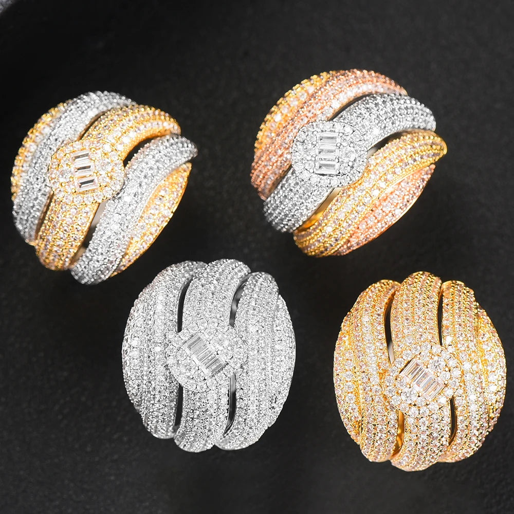 Luxury Corssover Chic Bold Statement Rings with Zirconia Stones 2020 Women Engagement Party Jewelry High Quality