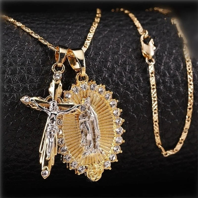 Classic Gold Plated Cross Crucifix Jesus Necklace Virgin Mary Necklace Religious Jewelry for Men Women Necklace Party Gifts