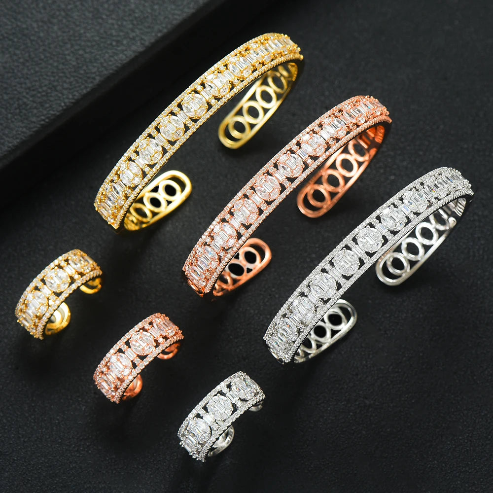 Luxury Stackable Cuff Bangles For Women Wedding Full AAA Cubic Zircon Crystal CZ Dubai Bridal Bracelets Party Jewelry 2022