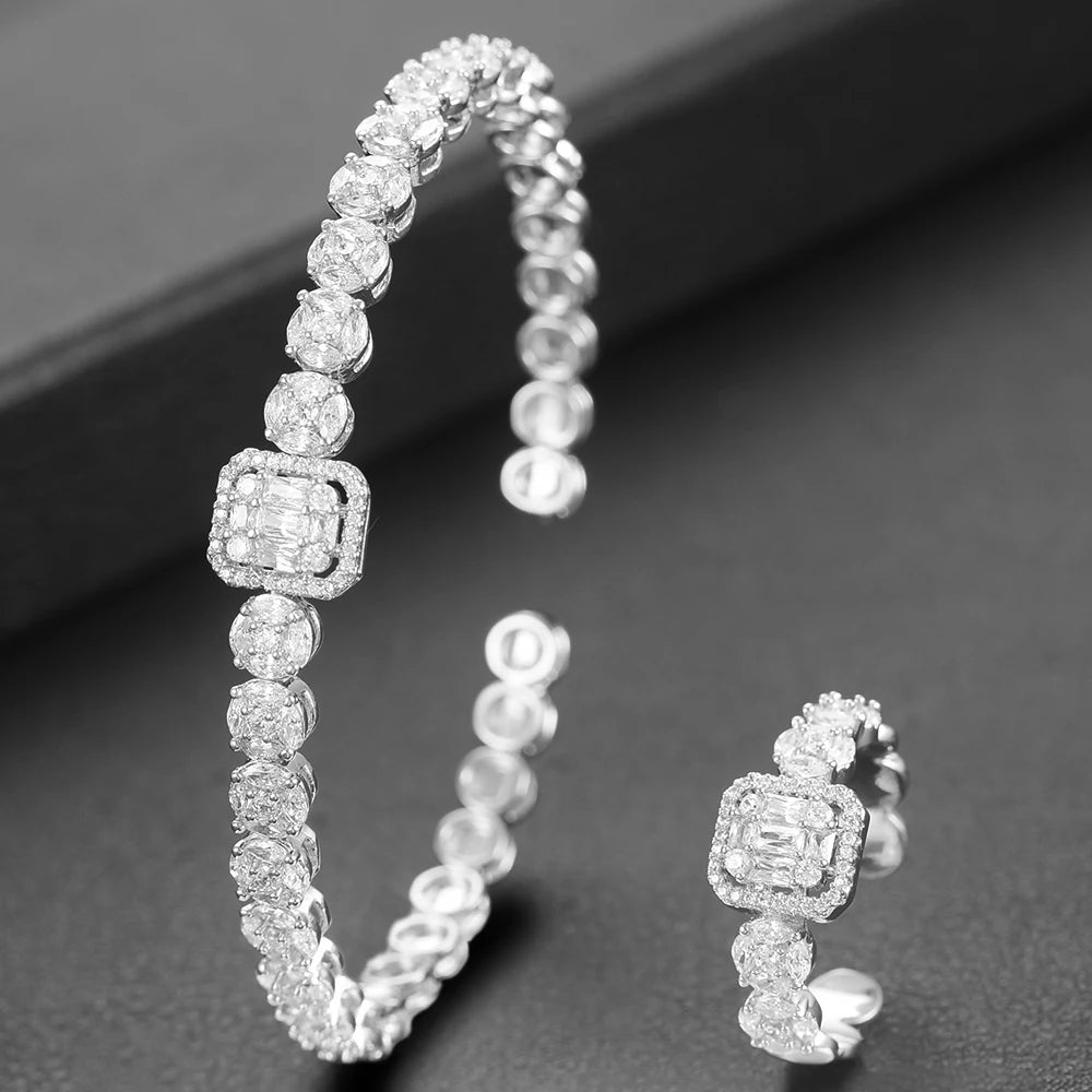 Luxury Stackable Cuff Bangles For Women Wedding Full AAA Cubic Zircon Crystal CZ Dubai Bridal Bracelets Party Jewelry 2022