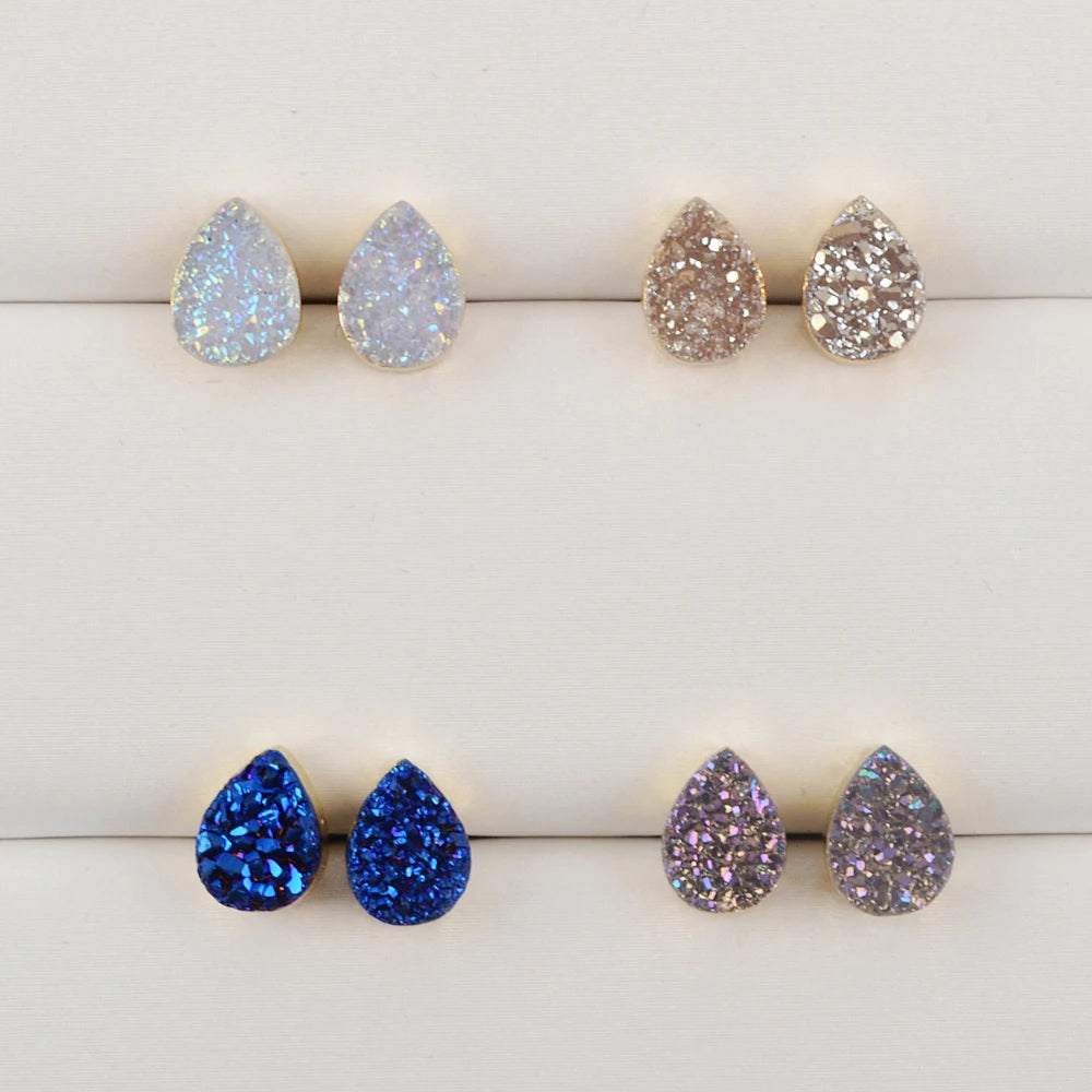 5/10Pairs Teardrop Rainbow Druzy Stud Earring Natural Agates Titanium Golden Crystal Earrings Women Statement Jewelry G1945