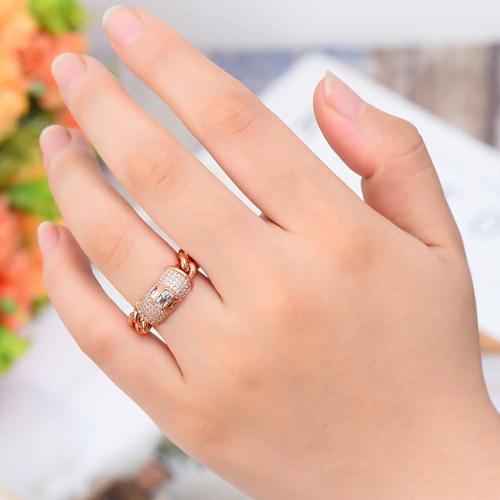 Bold Stackable Ring Luxury Chunky Chain Rings for Women Wedding Cubic Zircon Bridal Engagement Wedding Dubai Finger Rings