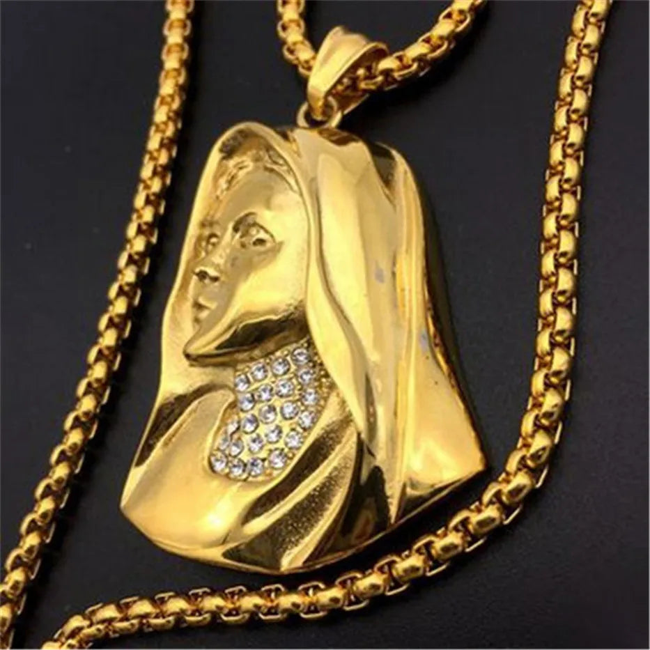 Big Round Virgin Mary Pendant Necklace For Women Men Gold Color Madonna Necklace Religious Christian Stainless Steel Jewelry