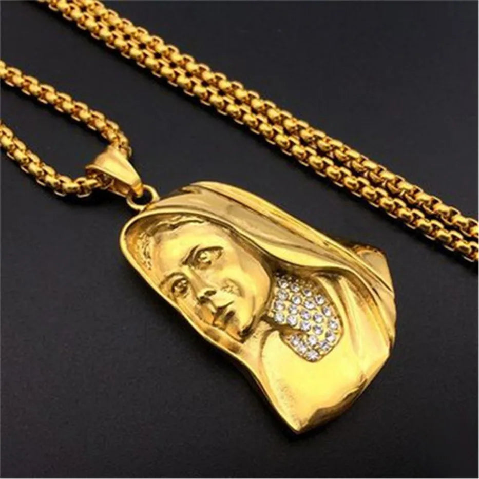 Big Round Virgin Mary Pendant Necklace For Women Men Gold Color Madonna Necklace Religious Christian Stainless Steel Jewelry