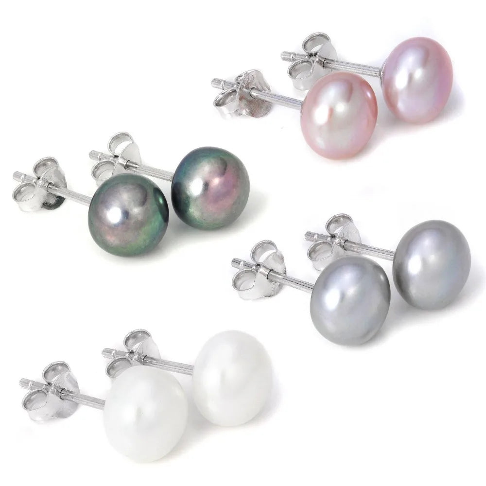 hot 925 Sterling Silver 7-8mm Real Freshwater Pearl white Grey Black purple Natural stud Earrings for 1 pair