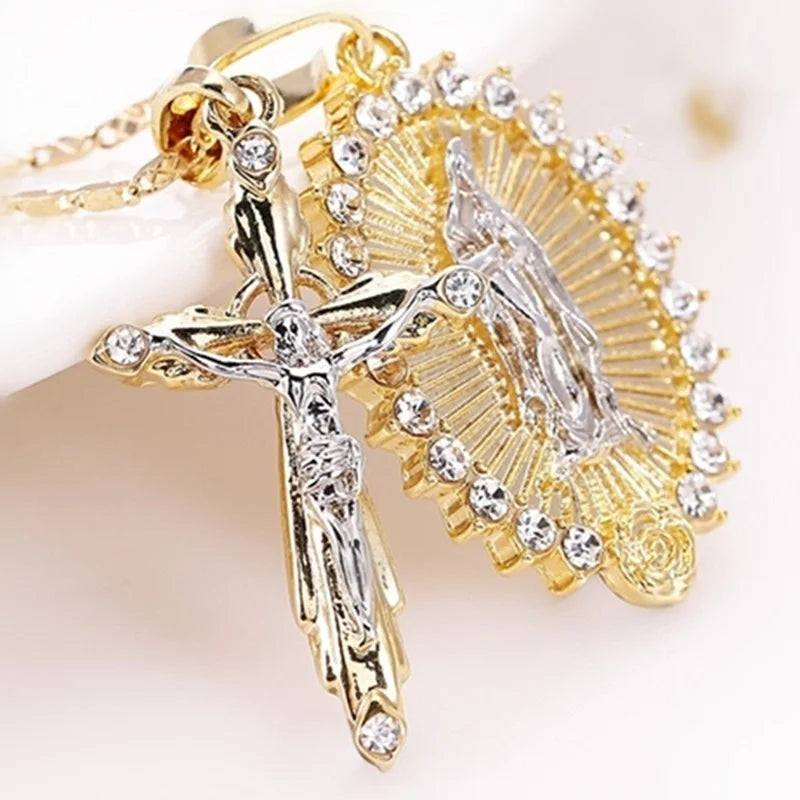 Classic Gold Plated Cross Crucifix Jesus Necklace Virgin Mary Necklace Religious Jewelry for Men Women Necklace Party Gifts