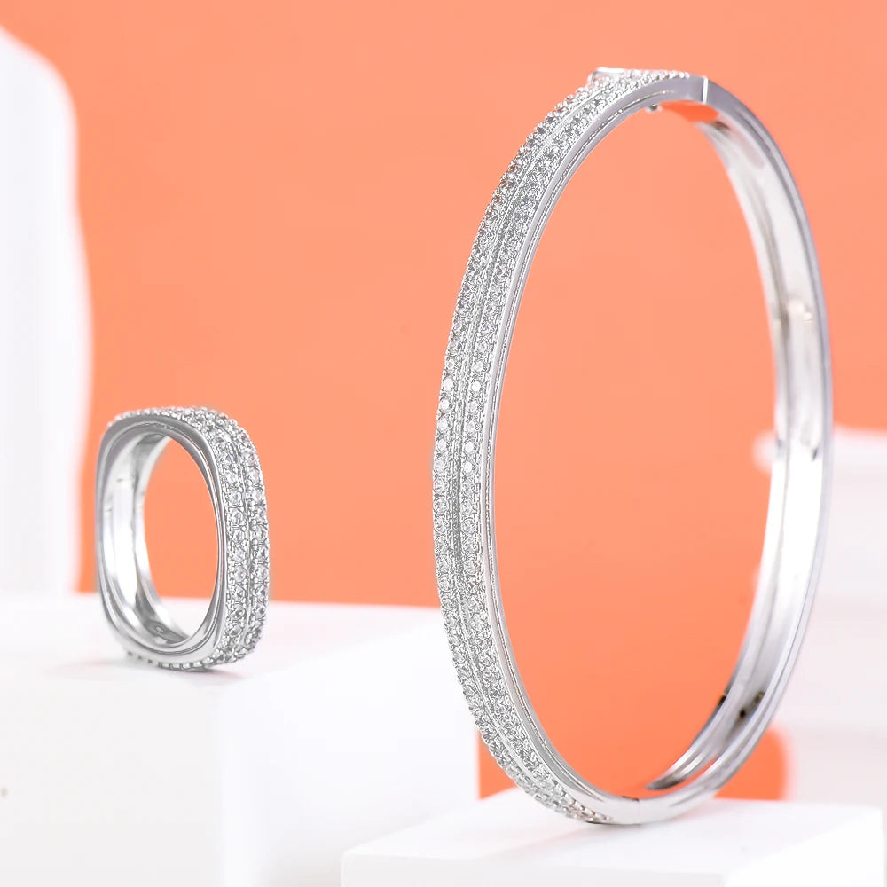 Trend DUBAI CZ Bangle Ring Set For Women Wedding PARTY Baguette Cut Zirconia AFRICAN Bridal Jewelry Sets BOHO
