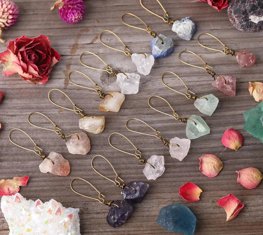 Bronze Silvery Wire Wrap Natural Strawberry Quartz Chunky Beads Dangle Hook Earrings Women Stone Beads Drop Earring Jewelry