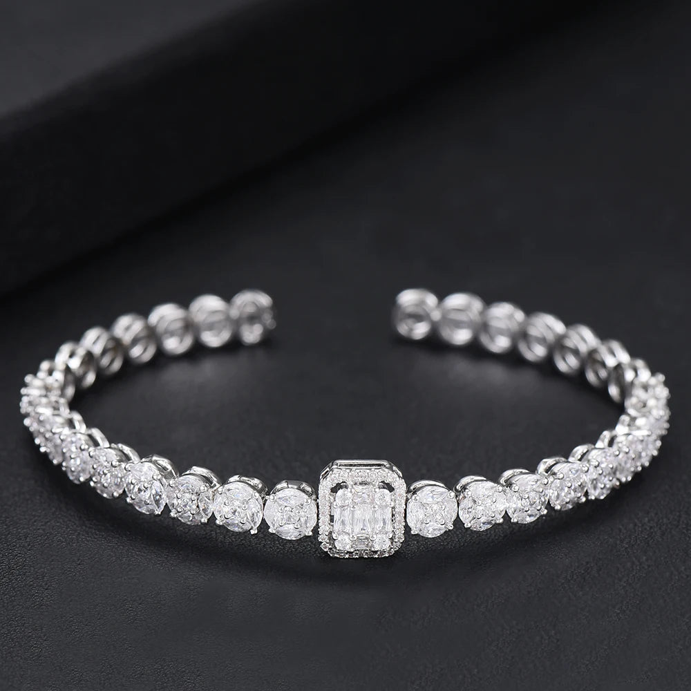 Luxury Stackable Cuff Bangles For Women Wedding Full AAA Cubic Zircon Crystal CZ Dubai Bridal Bracelets Party Jewelry 2022