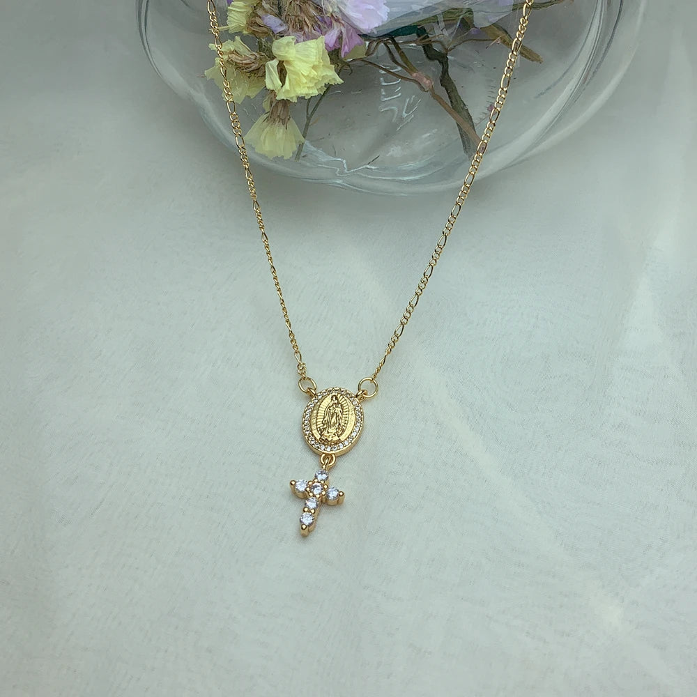 Metal Plated Gold Zircon Small Cross Virgin Mary Pendant Figaro Chain Necklace For Women 2021 Neck Jewelry