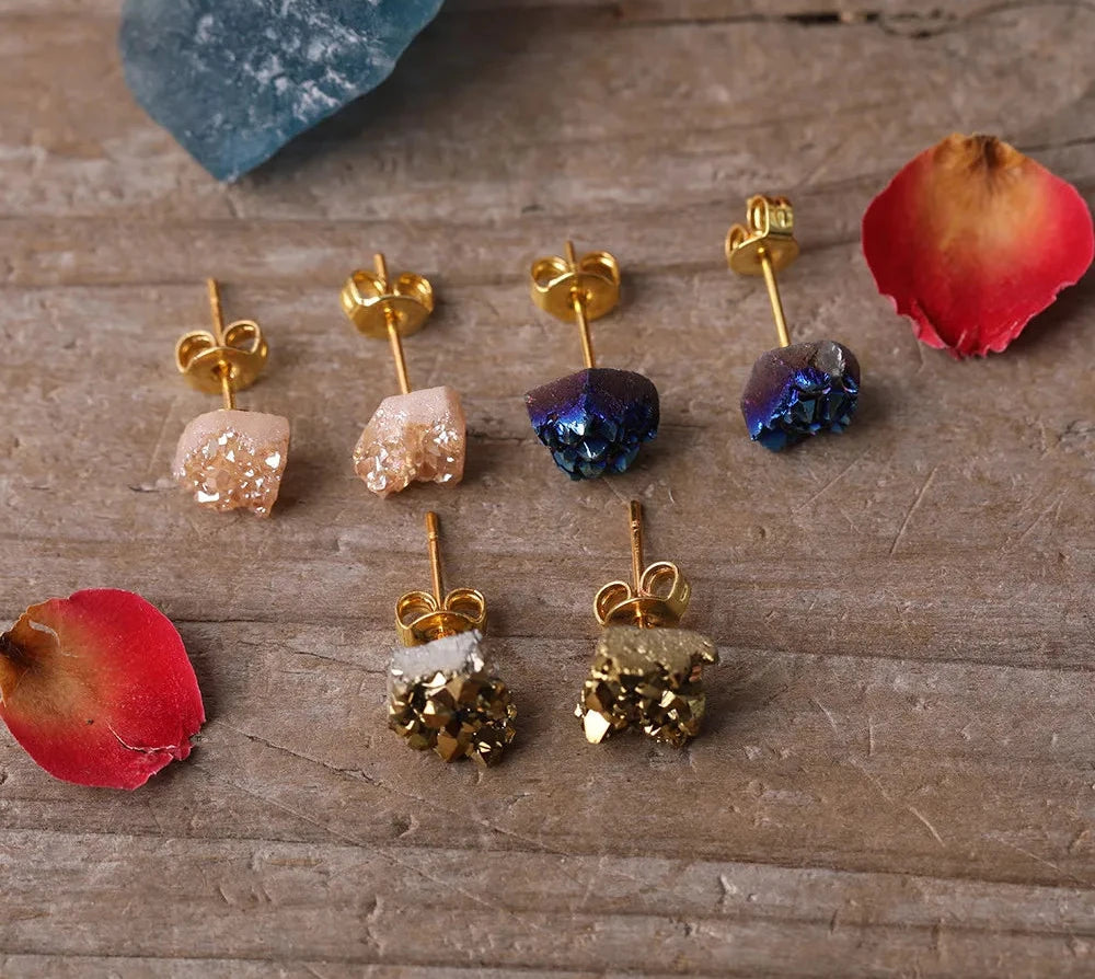 Natural Druzy Drusy Geode Agates Irregualr Chip Beads Stud Earrings Women Agates Stone Earstuds Jewelry