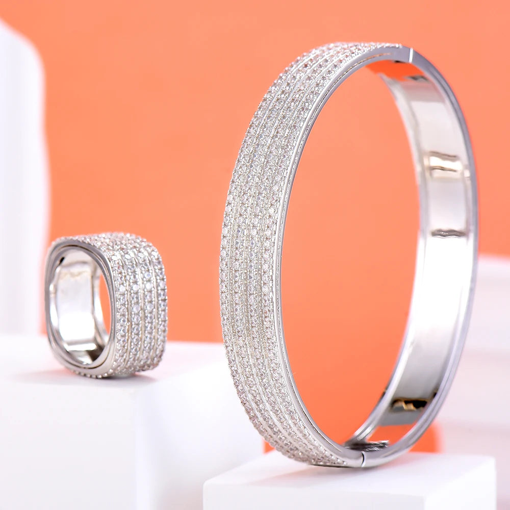 Trend DUBAI CZ Bangle Ring Set For Women Wedding PARTY Baguette Cut Zirconia AFRICAN Bridal Jewelry Sets BOHO