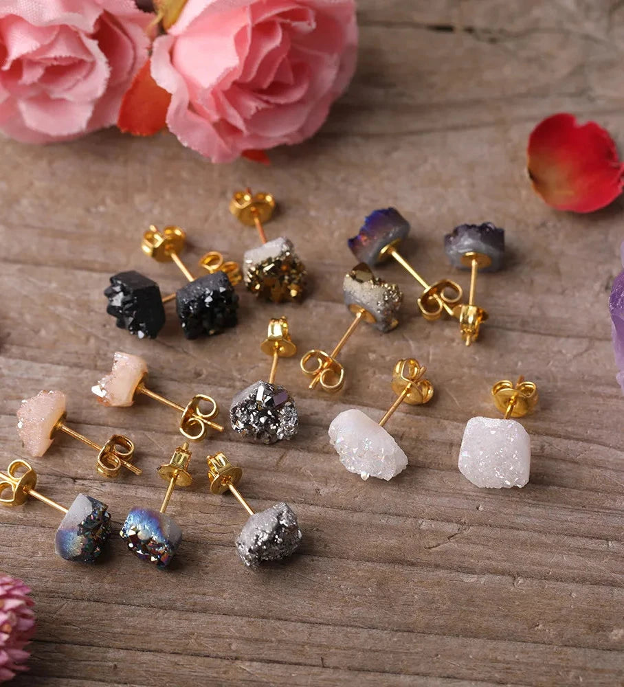 Natural Druzy Drusy Geode Agates Irregualr Chip Beads Stud Earrings Women Agates Stone Earstuds Jewelry