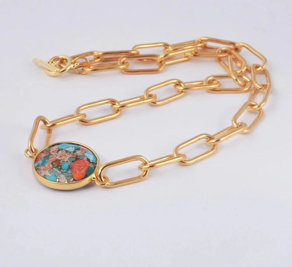 Golden Plating Round Natural Coral Turquoises Connectors Gems for Women Necklace Stone Beads for Bracelets Jewelry DIY