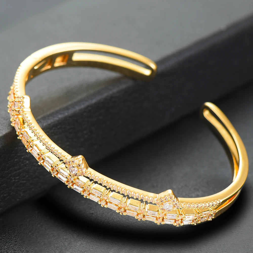 Luxury Stackable Cuff Bangles For Women Wedding Full AAA Cubic Zircon Crystal CZ Dubai Bridal Bracelets Party Jewelry 2022