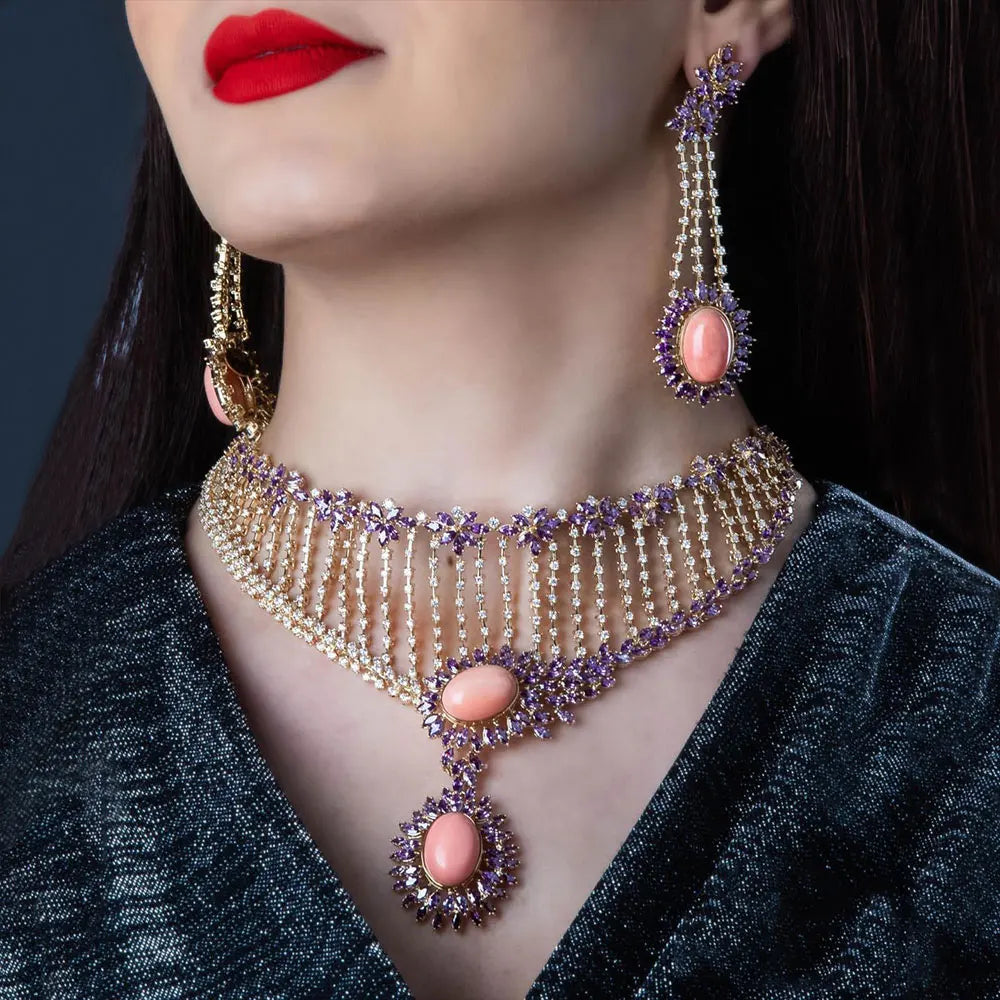 New Trendy 4PCS Real Pink Coral Luxury Dubai Jewelry Set For Women Wedding Party Zircon Crystal Indian Neckalce Earring