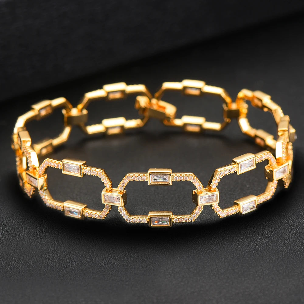 Luxury Square Link Chain Bracelets Bangles Cubic Zircon CZ Vintage Bohemian Cuff Bracelets For Women Femme Fashion Jewelry
