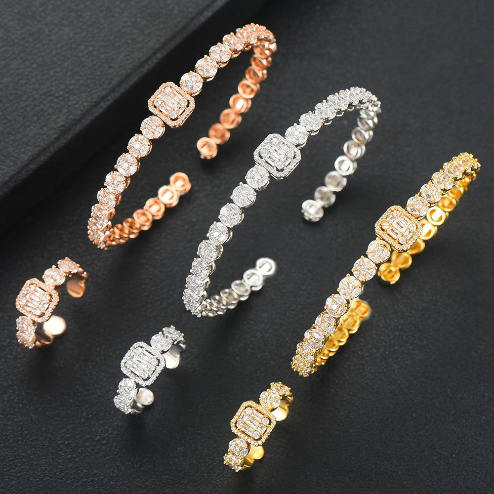 Luxury Stackable Cuff Bangles For Women Wedding Full AAA Cubic Zircon Crystal CZ Dubai Bridal Bracelets Party Jewelry 2022