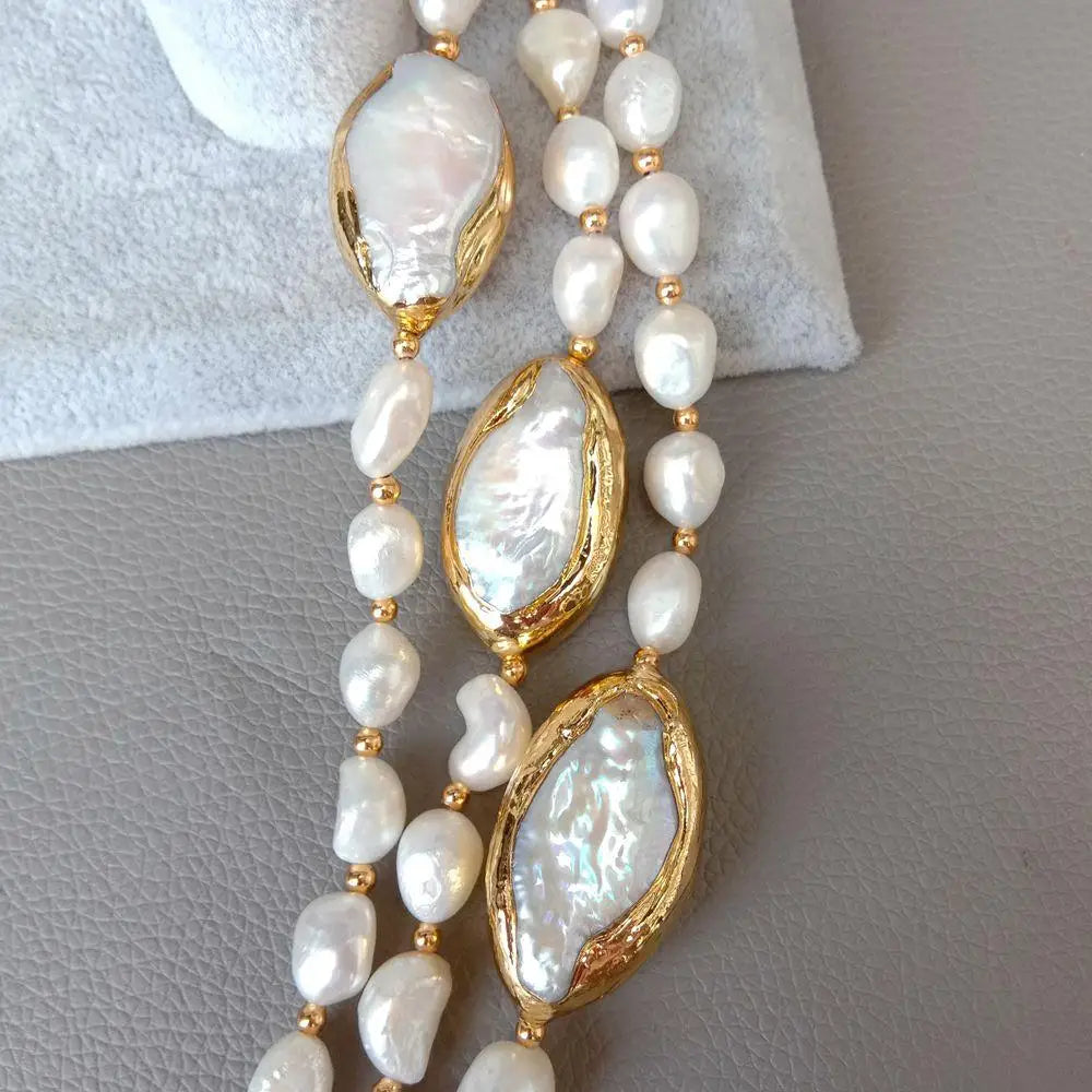20" 3 rows Cultured Baroque Pearl Necklace Keshi Pearl Gold color Plated Connector chokers luxury wedding for women
