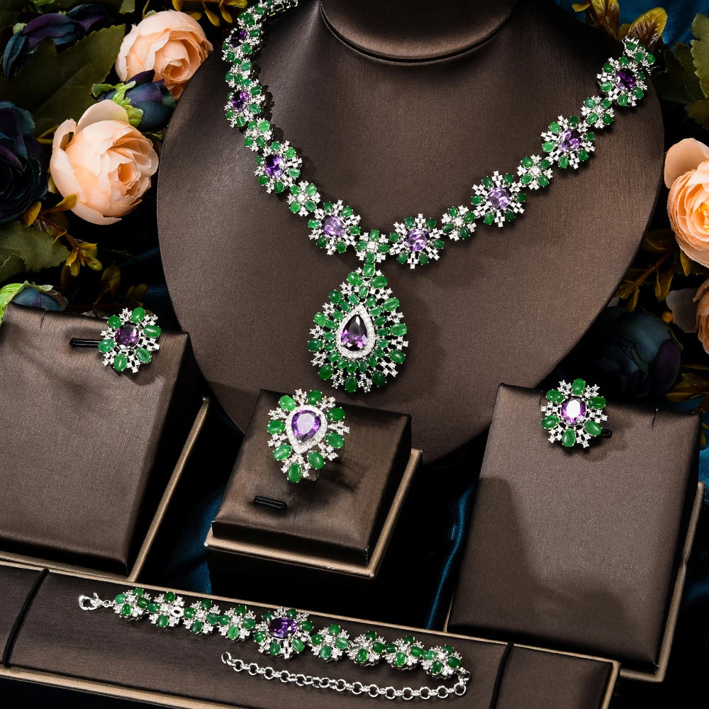 Famous Brand 4PCS Ruby CZ Luxury African Jewelry Set For Women Wedding Party Zircon Crystal Dubai Bridal Jewelry Set Gift