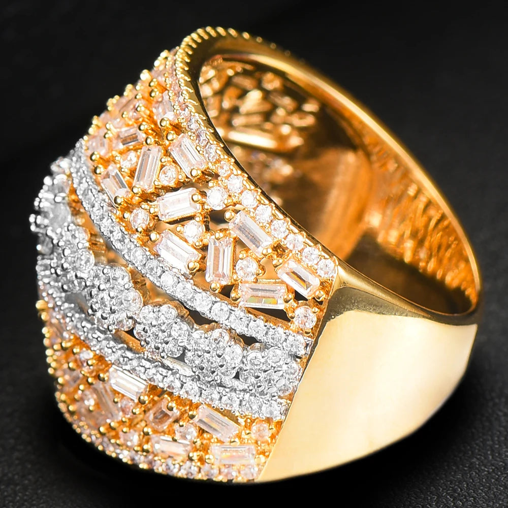 Luxury Bagutte Cut Bold Rings with Zirconia Stones 2022 Women Engagement Party Jewelry High Quality