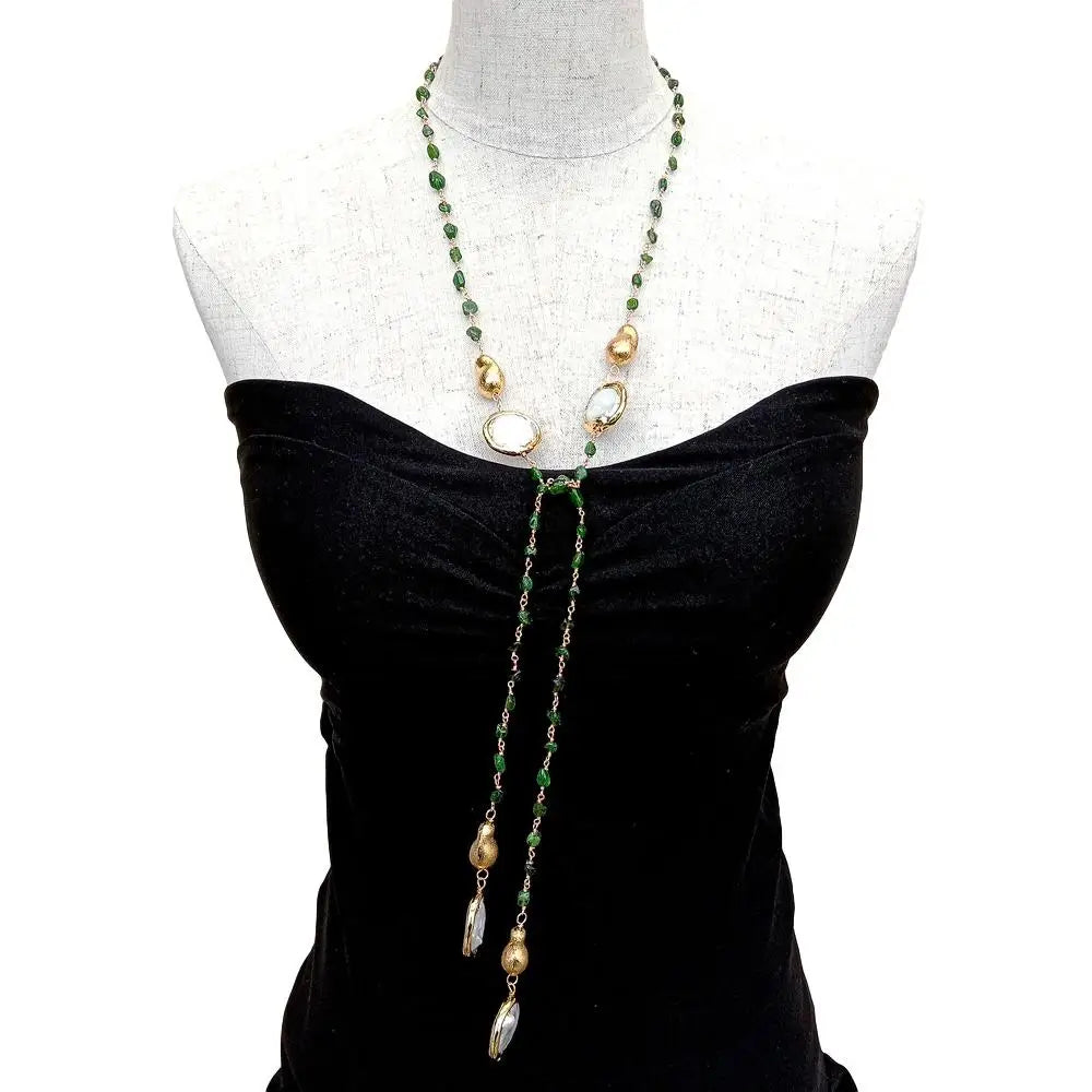 Natural Green Diopside small nugget Cultured White Coin Pearl Long sweater chain Necklace 41"
