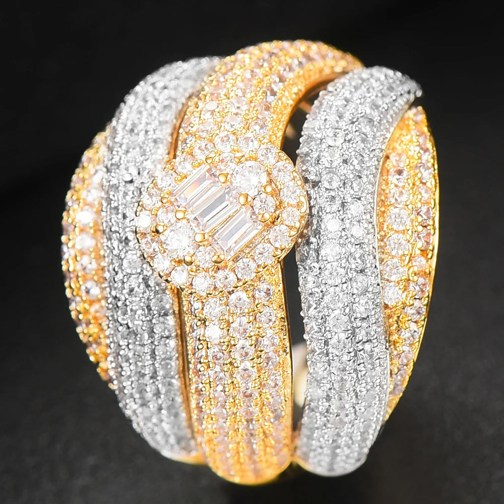 Luxury Corssover Chic Bold Statement Rings with Zirconia Stones 2020 Women Engagement Party Jewelry High Quality